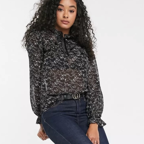 Pieces Chiffon Blouse with Tie Neck - Black Ditsy Floral - Size XL - Picture 1 of 8